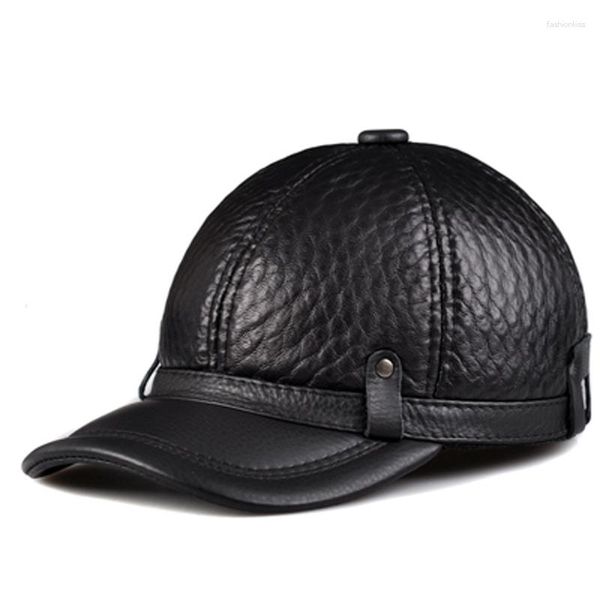 Top Caps Erkek 2023 İlkbahar/Kış Orijinal Deri İnek Koruma Koruma Beyzbol Siyah Ekose Kabartma İnsan İçin Ayarlanabilir Şapka