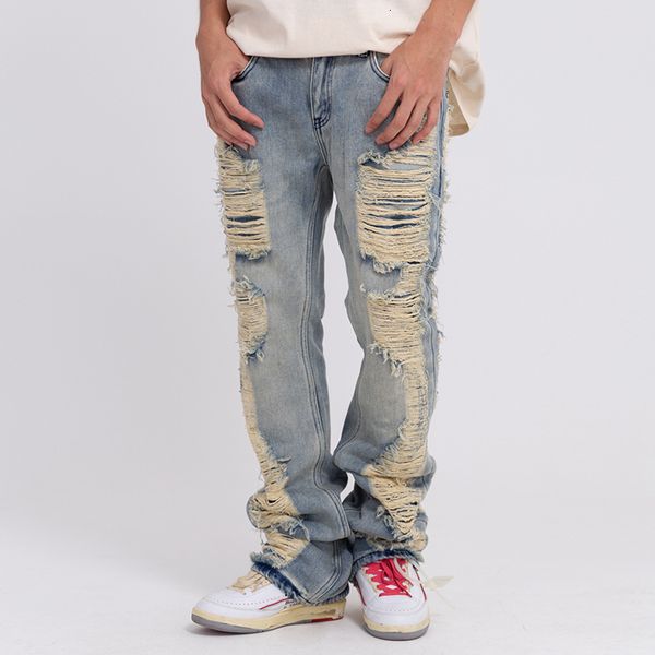 Jeans masculinos harajuku rasgado calças lavadas azuis e desgastadas para homens e mulheres bolsos de rua casual calças de jeans folgadas 230821