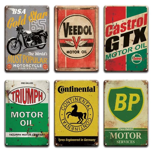 Motocicletas Óleo Metal Place Motorcycle Licença de lata de lata Placas Placas de garagem Vintage Poster decorativo da marca de carros de carros Sinais de poster de homem caverna decoração de parede da casa 30x20cm W01