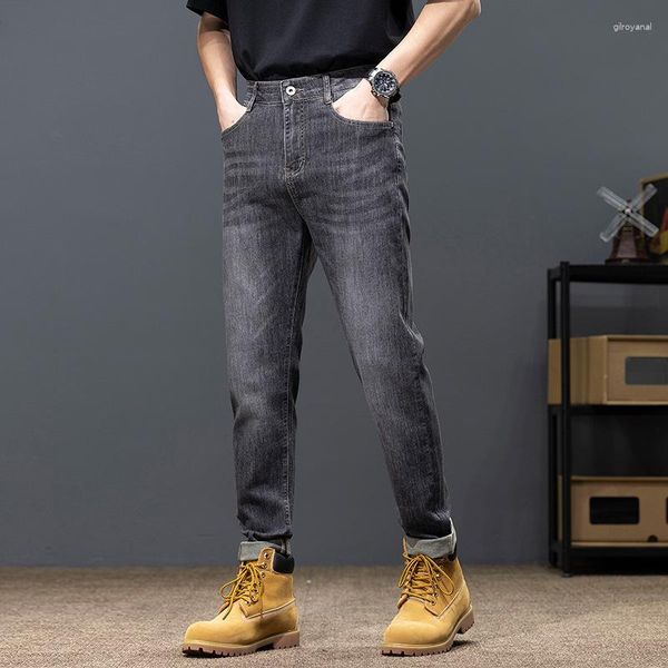 Jeans masculino primavera verão verão casual slim fit stail clássico cor sólida cor preta azul jeans de tendência apliques streetwear