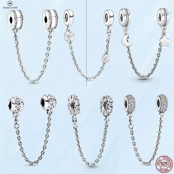 925 Silver per Pandora Charms Gioielli perline per perle della luna stelle scintillanti a catena di sicurezza argento pavimentati set a sospensione fai da te sottili gioielli