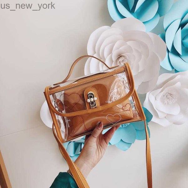 Totes Moda Transparente PVC Ladies Messenger Bag Heart Print Lock Jelly Bag Korean Girls Casual Ombro Bag Hkd230822