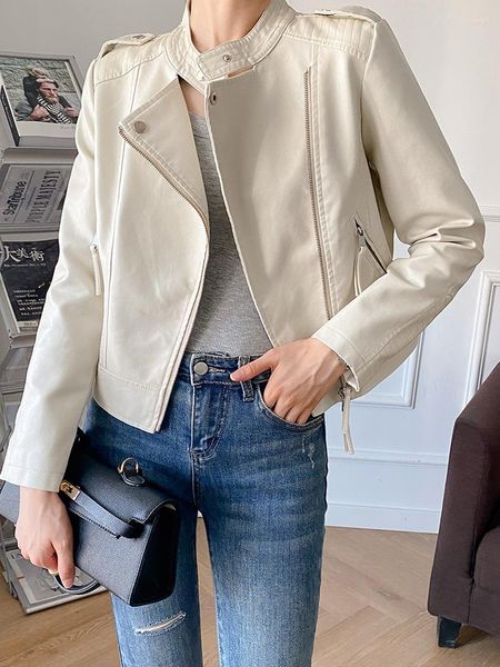 Women's Leather Spring Autumn Autunno Women Streetwear Fucice Giacca Fashion Fashion Of-Neck Short PU Coat Moto Biker Outwear