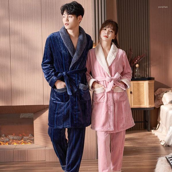 Menas de dormir para casais de roupas de sono para homens grossos de lã de lã de coral de coral 2pcs quimono pijama mulheres sexy manto home Service Loves Homewear