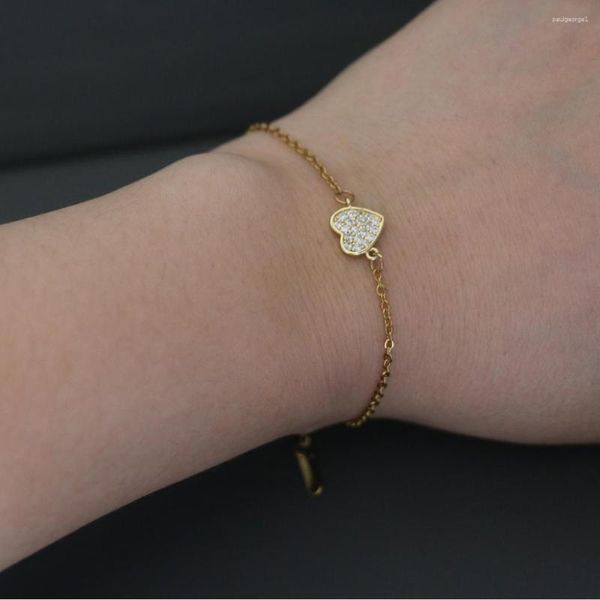 Braccialetti con ciondoli Carino piccolo adorabile micro pavimenta CZ braccialetto a cuore semplice catena in acciaio color oro polsino bracciale gioielli