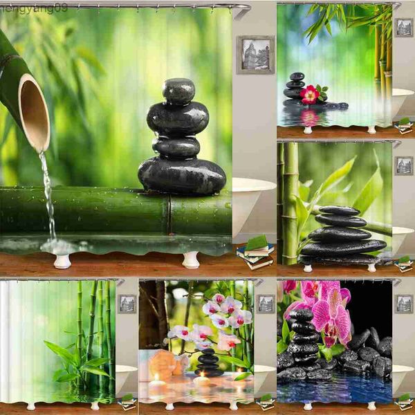 Cortinas de chuveiro Flor 3D Flor Bambu Water Water Green Plant Chuveira Curta