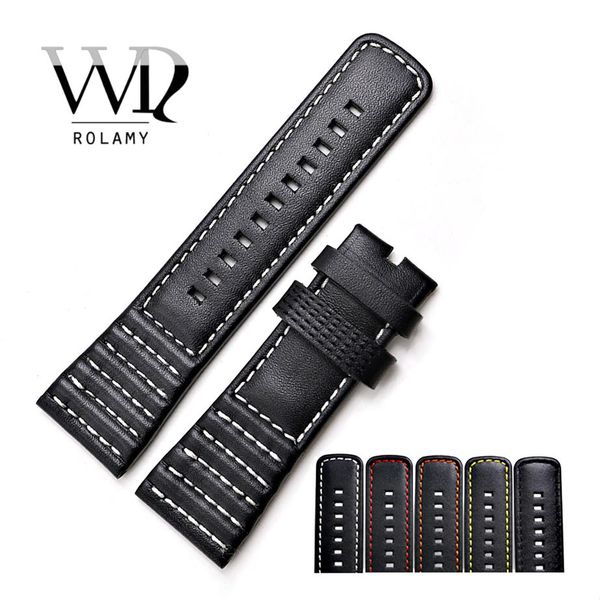 Carlywet 28mm Bütün Gerçek Deri Siyah Beyaz Turuncu Kırmızı Sarı Dikişler Bilek Watch Band kayış kemeri353h