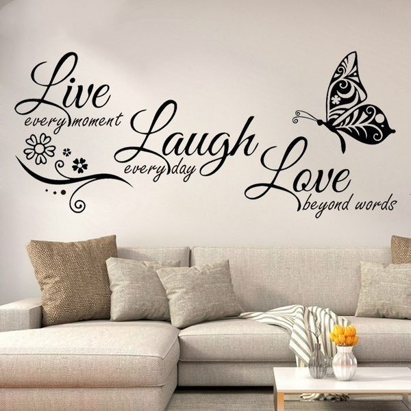 Wandaufkleber Live Lachen Liebe Schmetterling Blumenkunst Aufkleber moderne Abziehbilder Zitate Vinyls Wohnzimmer Wohnzimmer 230822