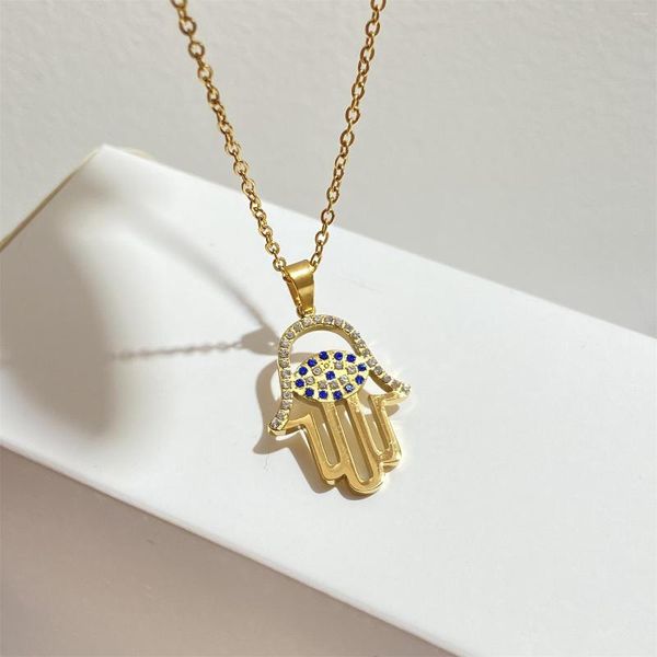 Ketten Zirkon eingelegt arabisch Soja Hamsa Handanhänger Halskette Frauen Männer Amulett Edelstahl Gold Farbe von Fatima Choker