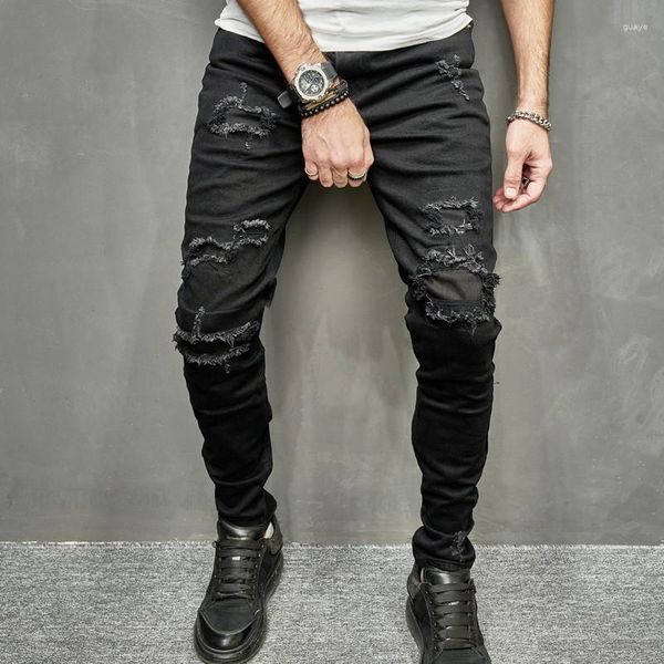 Jeans masculinos 2023 Esticar calças de jeans pretas e casuais