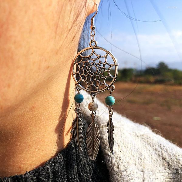 Brincos dangle Bohemia estilo gótico apanhador de sonho para mulheres retro verde pedra folha de penas penduradas Earings por atacado jóias vge125