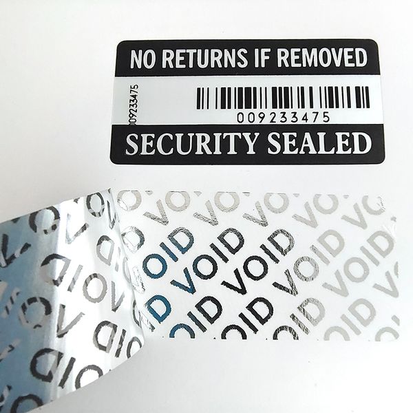 1000 peças etiqueta de número de série selo de garantia etiqueta de segurança código de barras vazio à esquerda remoção à prova de adulteração capa de etiqueta evidente