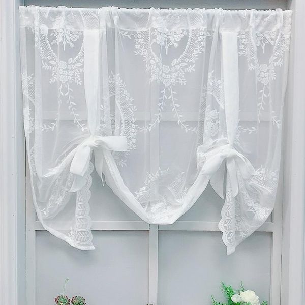 Curtain American White Floral Roman Short Tulle Sollevamento Legne in pizzo Sheer Draps per decorazioni per pareti per porte in vetro da cucina