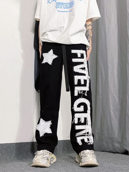 Jeans masculinos Black Hip Pop Y2K Pants Start Fit Star Letter Patchworks Troushers Macho's Male 230822