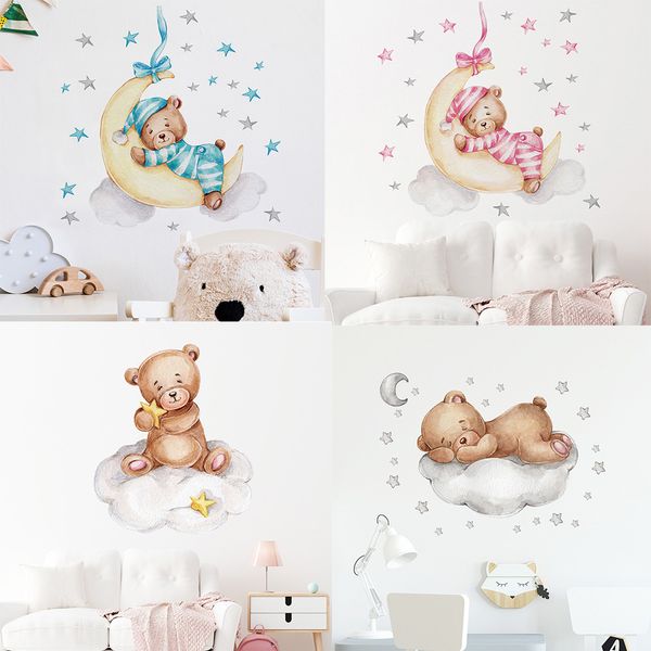 Adesivos de parede desenho animado urso de pelúcia lua para o quarto infantil decoração de berçário adesivo papel de parede menino meninas decalques de quarto 230822
