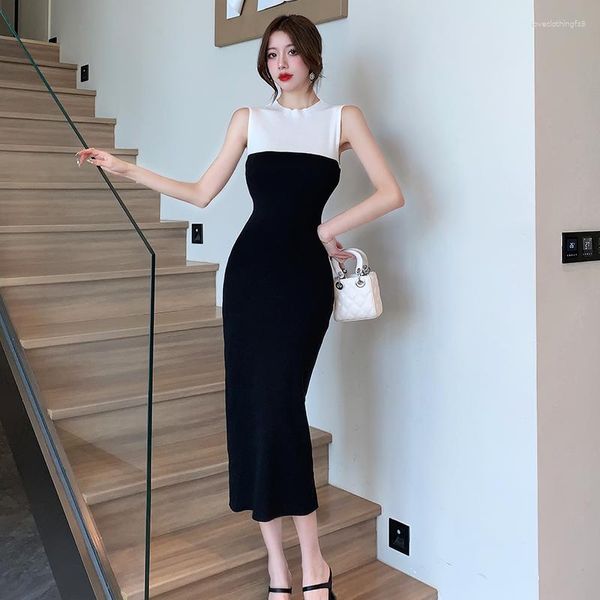 Lässige Kleider koreanische Mode Frauenkleid gestrickt Körpercon Langkontrast Farbe Damen Ärmel und elastische Party Vestidos Mujer