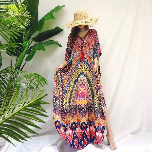 Roupas de banho feminina plus size kaftan boho praia vestido floral mergulhar maiô de maiô de tampa de banho feminino manto de roupas de praia longa maxi