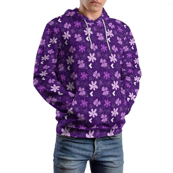 Erkek Hoodies Daisy Flower Casual Purple Baskı Baskı Gevşek Kazak Hoodie Erkek Uzun Kollu Y2K Desen Üstü Doğum Günü Hediyesi