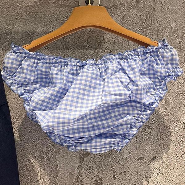 Frauen Shorts 2023 Frauen Rüschen Bloomer Kurzelegant atmungsbezogene blau-weiße karierte Höschen Unterwäsche modisch unter Wears Dessous