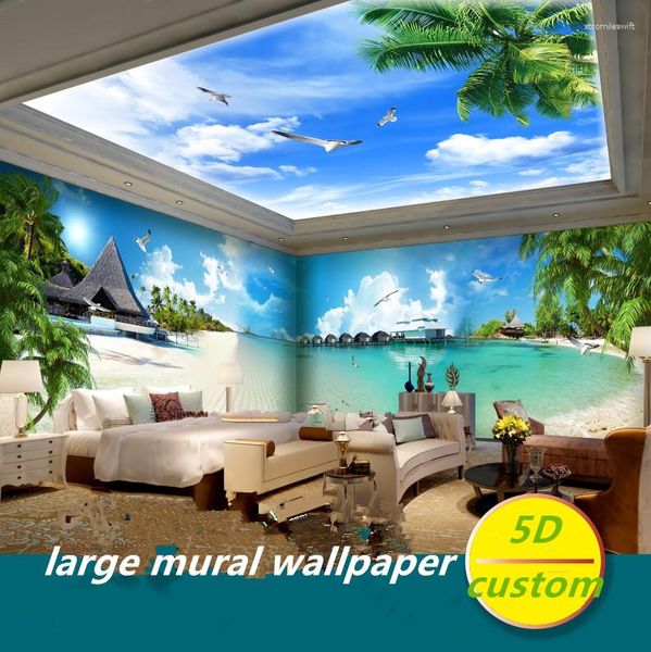 Sfondi Custom 5D Silk Grande Murales Murales Wallpaper Seaside Seascape Beach Trees Coconut Alberi Mediterranei Paesaggio naturale