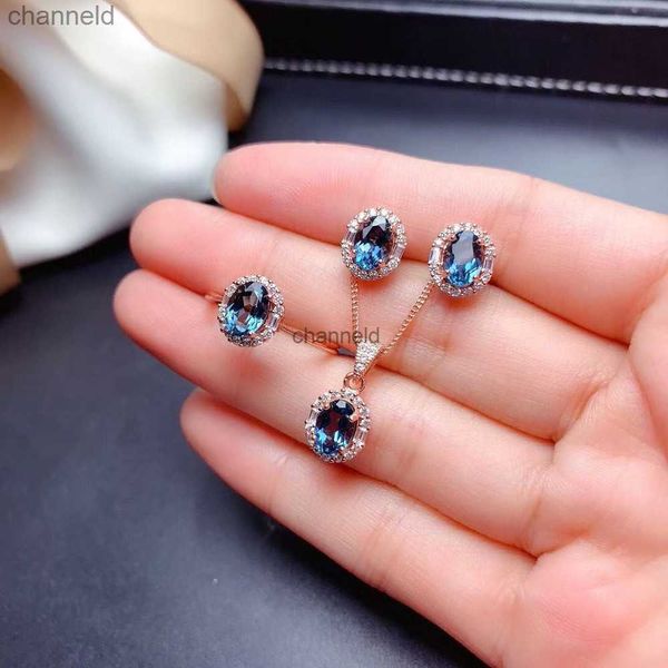 Legolone del lampadario naturale London Blue Topaz Angelia Necklace Orecchini a cronometro a tre pezzi set Lady GEM Dark Blue Gem Engagement HKD230822