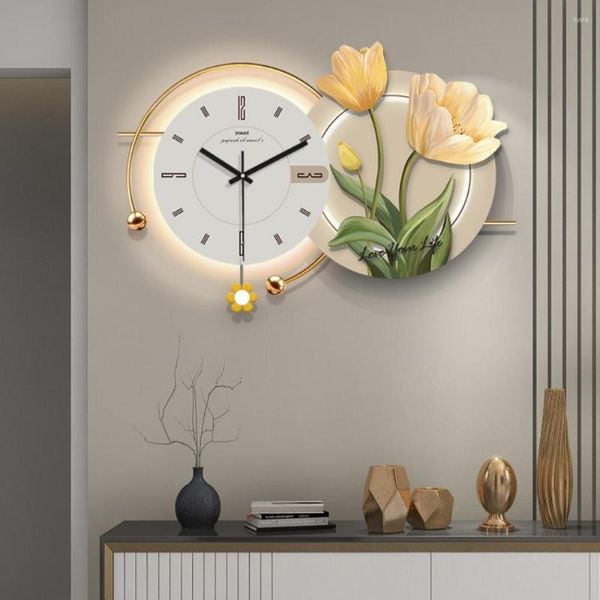 Relógios de parede relógio de luxo leve Modern Minimalist Living Fashion Moda Restaurant Decoração de flores Pintura pendurada