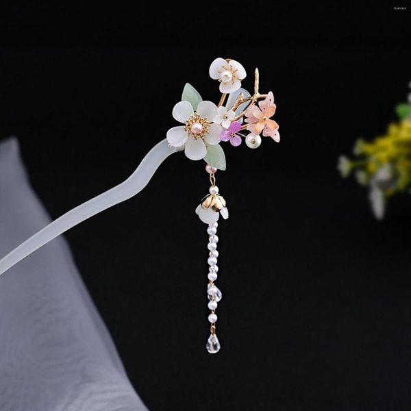 Haarklammern Blumenstock Chinesische Quasten Kopfstück Klassiker Pearl Fairy Haartapin Chopstick für Frauen Vintage Hanfu Party Tiaras Schmuck