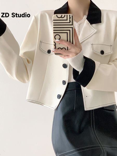 Men S moletons zd estúdio mulheres jaquetas curtas contraste a cor entalhada com mangas compridas casaco de trespassado 2023 Roupas de outono 230822