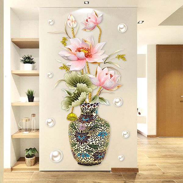 Adesivos de parede decorativos estilo chinês vaso vaso adesivo de lótus peixe decoração de peixes arte removível sala de estar decoração de fundo 230822