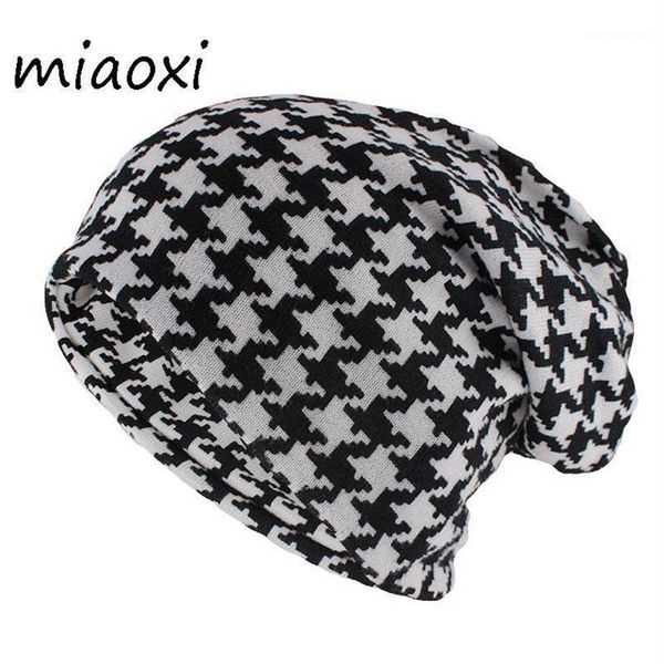 Skull de gorro Caps Miaoxi Hip Hop Mulheres Moda Hat Houndstooth Autumn Warm Skullies Skullies Plaid Casual Gorros Scarf Double 209p