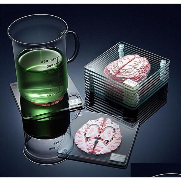 Mats Pads 201125 Coasters Glass Square Flices Brain Spimes Conjunto de amostras de tabela acrílica Organ obra 3D Drinks Cientistas bêbados Gift Coast Otl1n