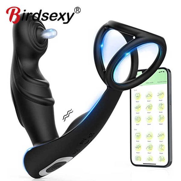 Bluetooth App Männliches Prostata-Massagegerät Vibrator Doppelring Verzögerung Ejakulation Analplug Stimulator Erwachsene für Männer Paare