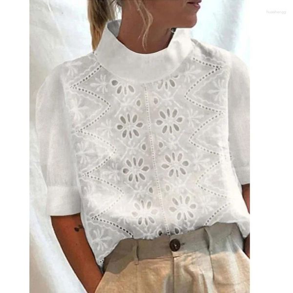 Frauenblusen Vintage elegante Halbschildkragenpullover Spitze Bluse Frauen Sommer hohl weiße Baumwollhemden Freizeitkleidung Lose Puffhülle