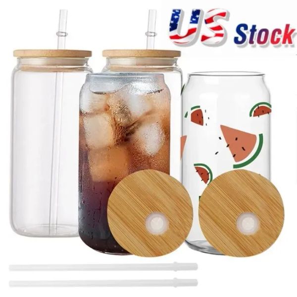 USA/CA Warehouse 16oz Tassen Doppelwand -Sublimation Glass Bier -Formbecher Becher Bier mit Bambusdeckel trinken