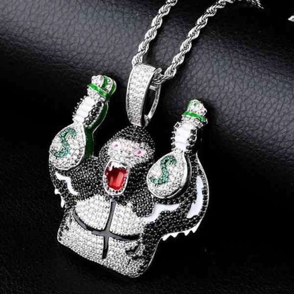 Bling oro bling colorato cartone animato gorilla tiene in mano sacca di denaro zirconia cubica collana grande pendente maschile bijoux hip hop gioielli 209s 209