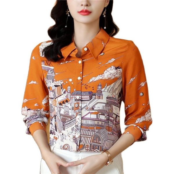 2023 Fashion Runway Satin Women Bluses Designer Top Top Maniche lunghe con abbottonate formali Shirt Up Bellissimi Ladies Fall Fallies OL SI319Z