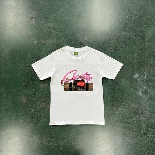 Nova camiseta de caveira rosa selada a vácuo masculina grande chama c manga curta broca de gotejamento