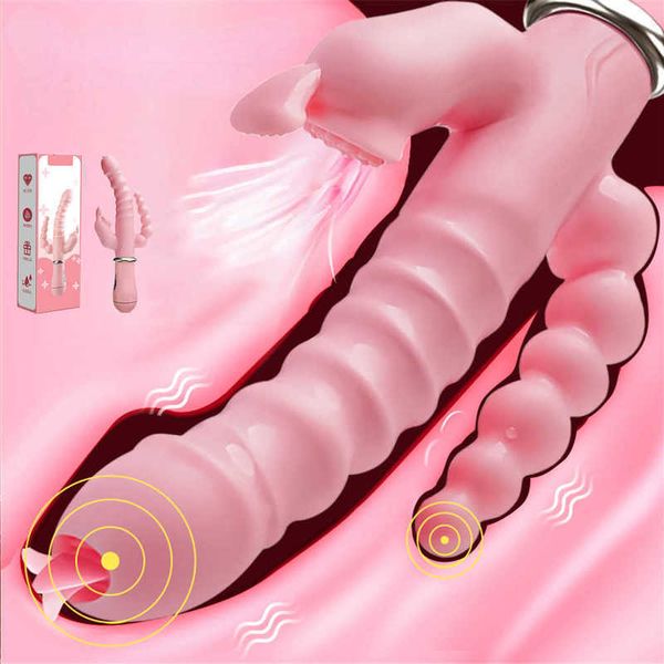 Massageador adulto três cabeças vibrador coelho à prova dwaterproof água usb magnético recarregável anal clit língua lamber para casais femininos