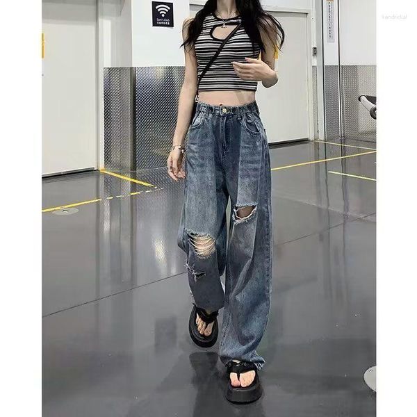 Jeans masculinos Foufurieux Cintura alta rasgada larga perna larga de verão Vintage Street Solid Color Streetwear Hole Casual Chic Woman