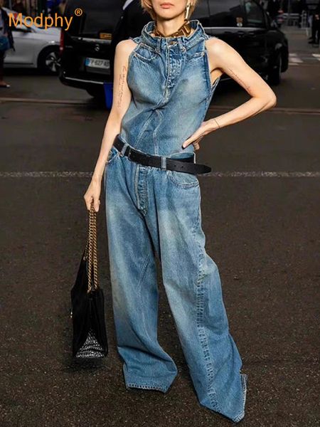Meninas de feminino Blazers Modphy Personalidade Mulheres jeans Full Jeans 2 Peças Conjunto de Design Dual Design Top Strado de Streetwear Dois 230821