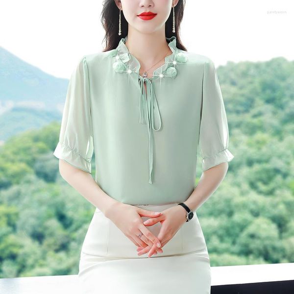 Frauenblusen Kurzarm Shirt Frauen Kleidung koreanische Mode Chiffon Solid Bluse Frühling 2023 Elegante Ruffen Schnür-up Ladies Tops 982i