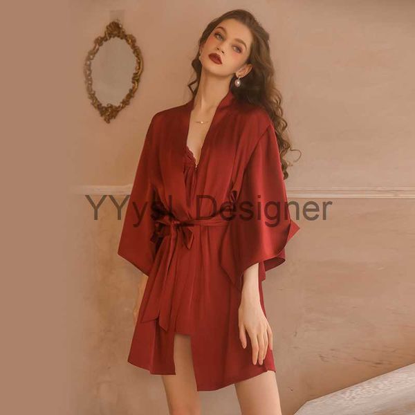 Tonlinker Sexy Satin Frauen Lange Robe Pyjamas Kleid Rot Luxus Spitze Nachtwäsche Kimono V-ausschnitt Nacht Kleid Bademantel Hause Kleidung x0822