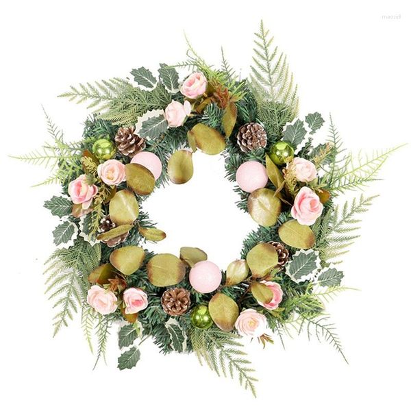 Flores decorativas Christmas Wreath White Border Rose Rose PVC Ball Home Porta da frente Decoração Parede de festa