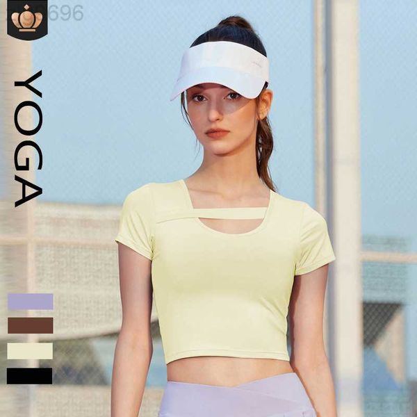 Desginer Aloo Yoga Camiseta Manga Curta Feminina Verão Novo Slim Fit Sexy Umbigo Aberto Camiseta Esportiva Fixa One Piece Cup Running Fitness Top
