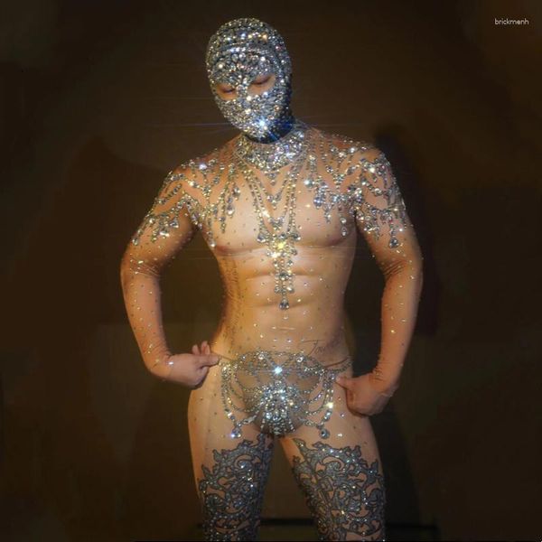 Sahne Wear Sparkly Rhinestones Men için Tulumlar Elastik Leotard Headgear Seksi DJ Gece Kulübü Kıyafet Performans Dans Kostüm Şovu