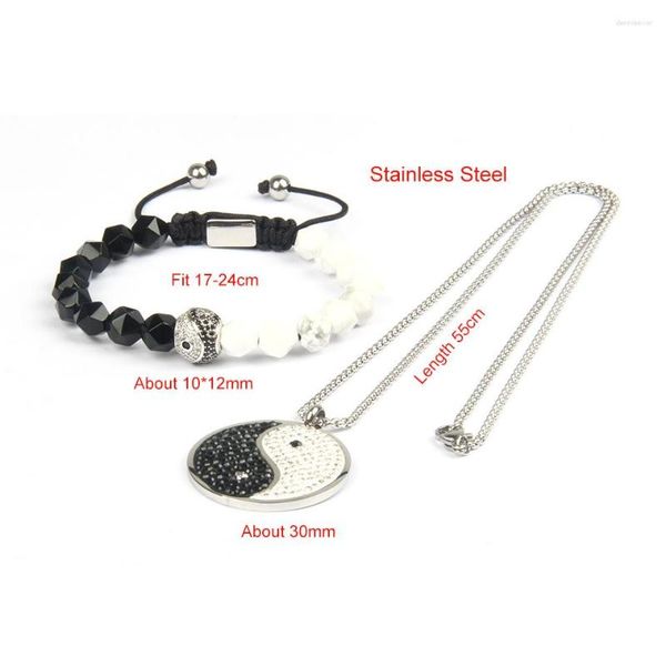 Strand Ailatu Taichi Yingyang Halskette Sets Armband Onyx Howlite Steinperlen Edelstahl mit 8 mm facettiertem Black Metall