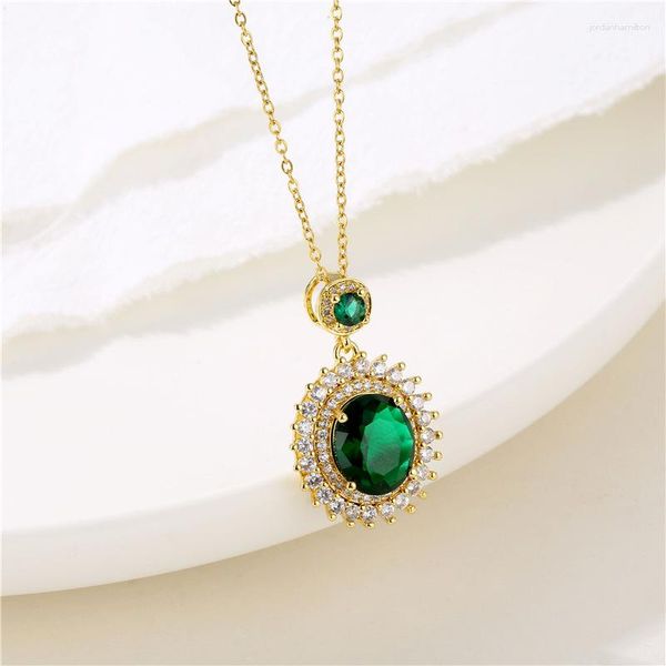 Anhänger Halsketten Vintage Geometrische Ellipse Grüne Kristall Edelstahl für Frauen Goth Party Accessoires Weibliche Schmuck
