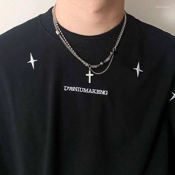 Anhänger Halsketten Herren Schmuck Kreuz Halskette Hip Hop Punk Edelstahl mit Doppelschichtkette für Männer Geschenke Mode Mode