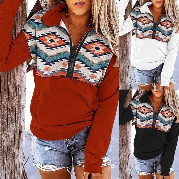Damen Hoodies 2023 Frühling Western Azteken gedruckt Viertel Reißverschluss up Pullover Frauen Sweatshirts Erntefleece Pullover Frauen