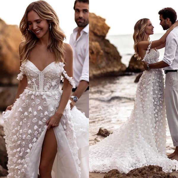 Пляж a Line свадебное платье сексуально от плеча 3D цветы свадебные платья на заказ бусины плюс размер сплит для невесты